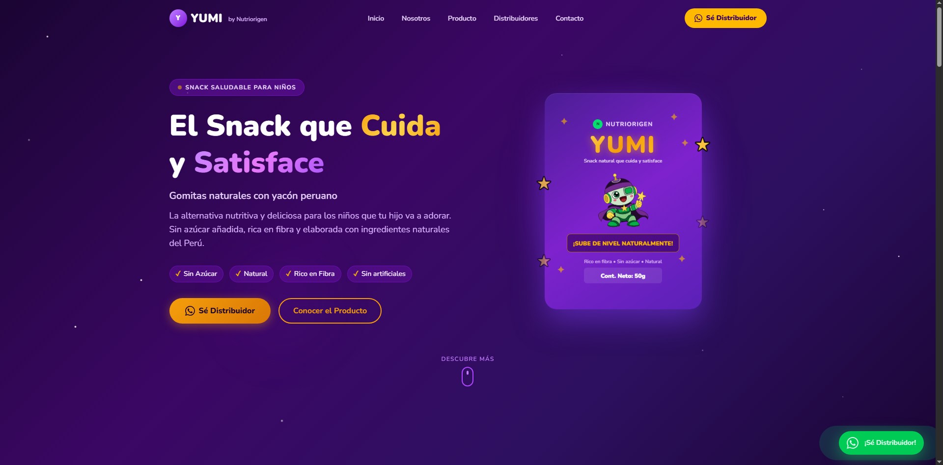 Landing page de Yumi, snack saludable de gomitas de yacón en Perú